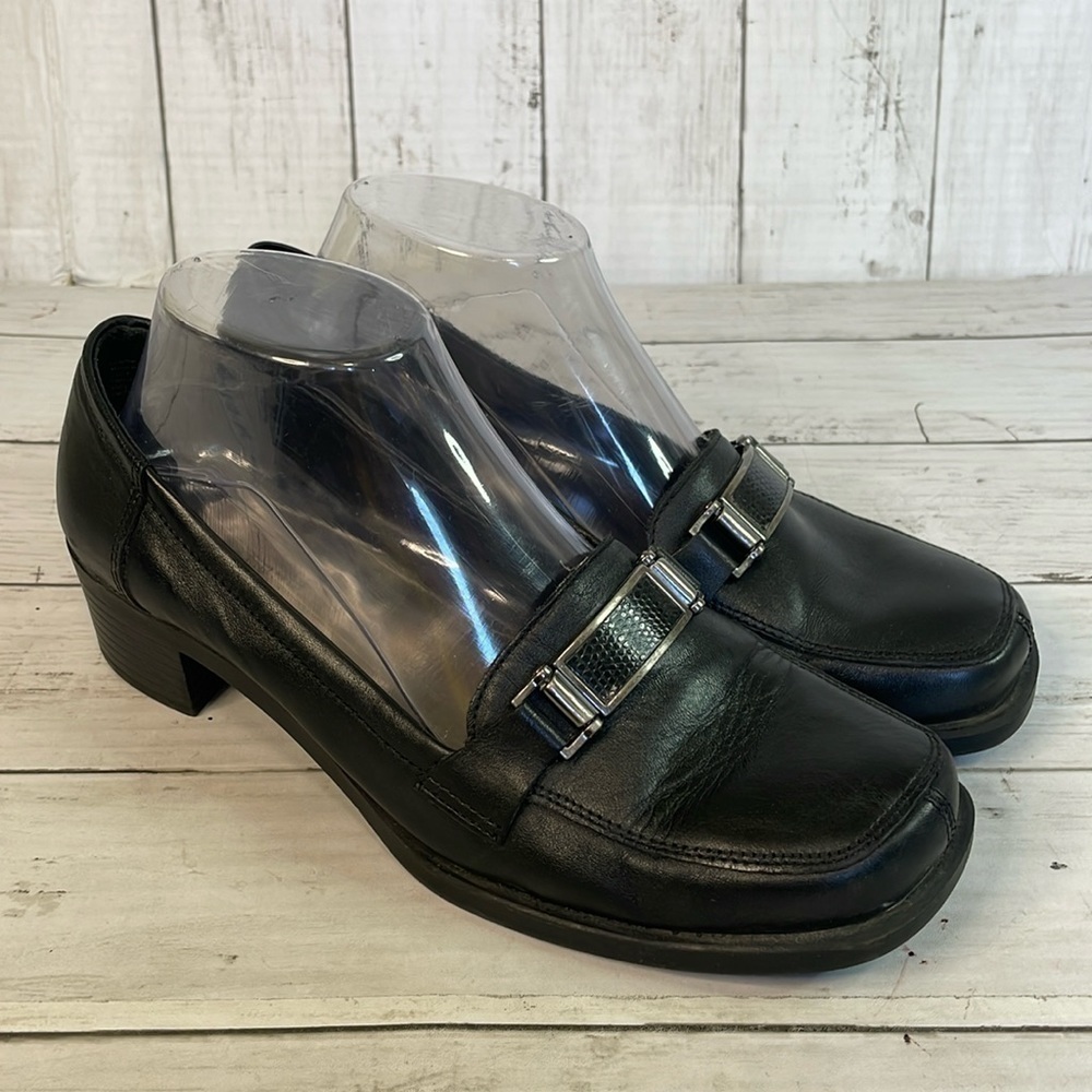 Vintage Predictions Black Leather Pewter Embellished Block Heel Loafer